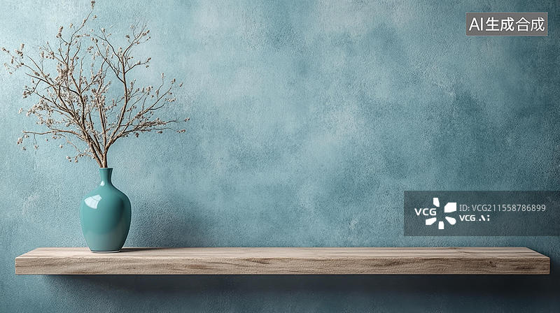 【AI数字艺术】浅蓝色墙面木质搁板上的干花装饰图片素材