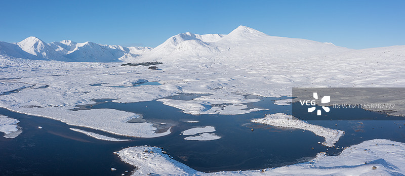 令人惊叹的冬季航拍景观图像，展示了洛赫巴和背景中被雪覆盖的苏格兰高地山脉。图片素材