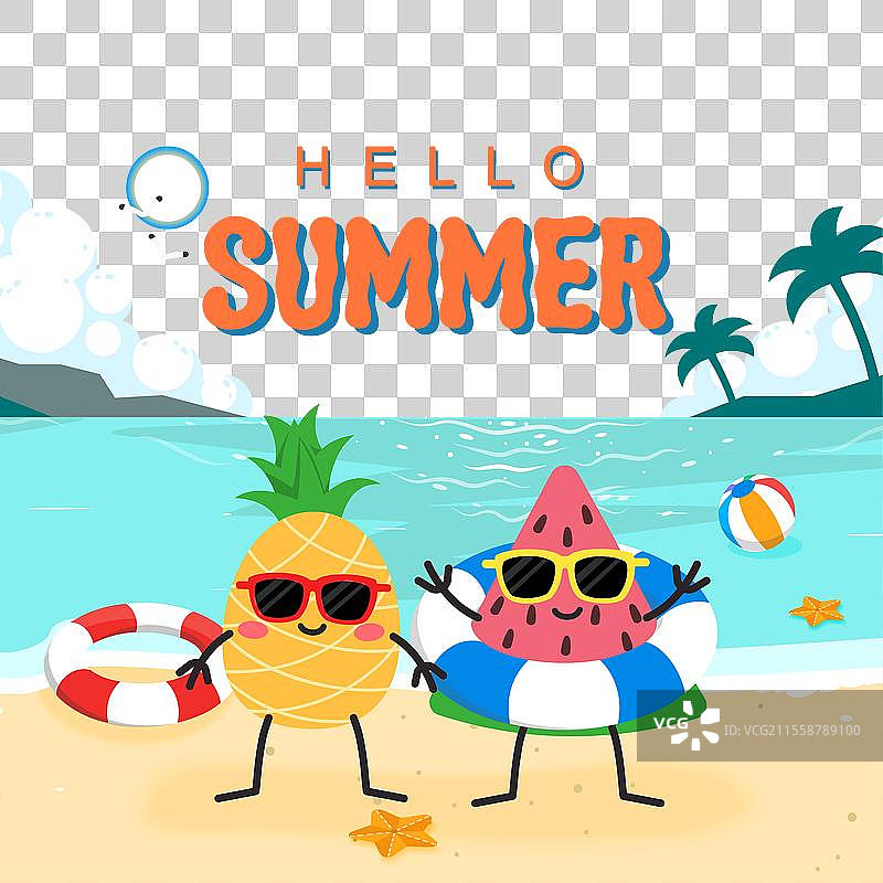 你好夏天，配上可爱的西瓜和菠萝图片素材