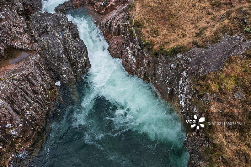 美丽的航拍风景图，生机勃勃的科河在苏格兰高地的雪山下蜿蜒流淌。图片素材