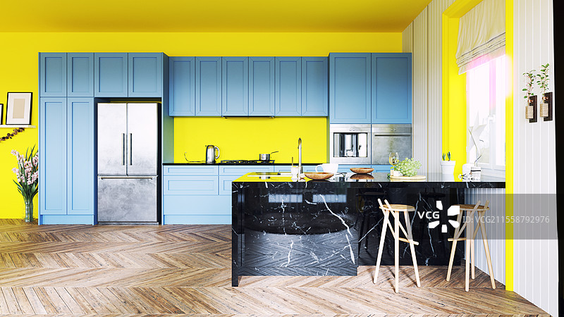 现代厨房设计。3D室内渲染。现代厨房内部。图片素材