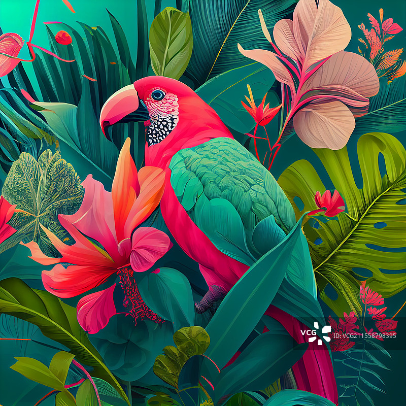 热带背景，丛林植物和异国鸟类。图片素材