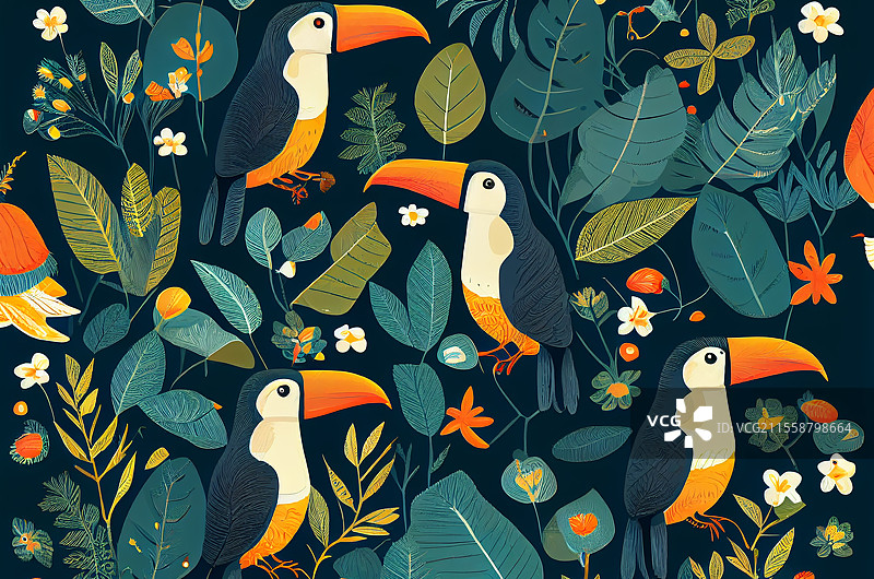 热带背景，丛林植物和异国鸟类。图片素材
