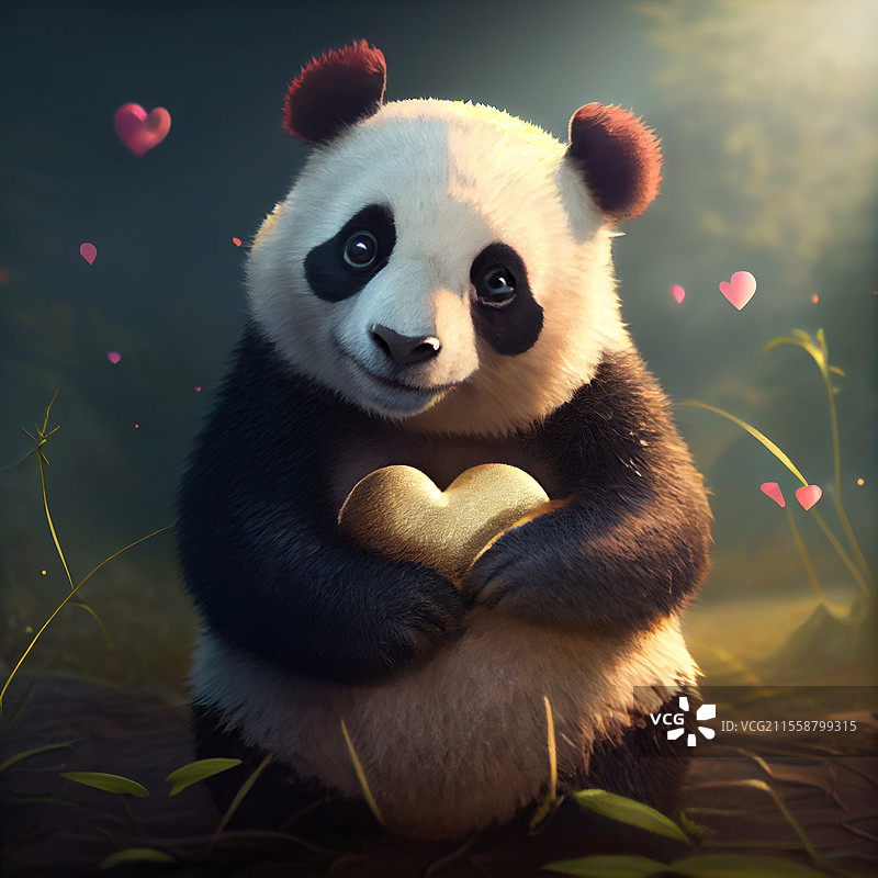 可爱的熊猫手里捧着一颗心。AI可爱的熊猫手里捧着一颗心。生成式AI图片素材