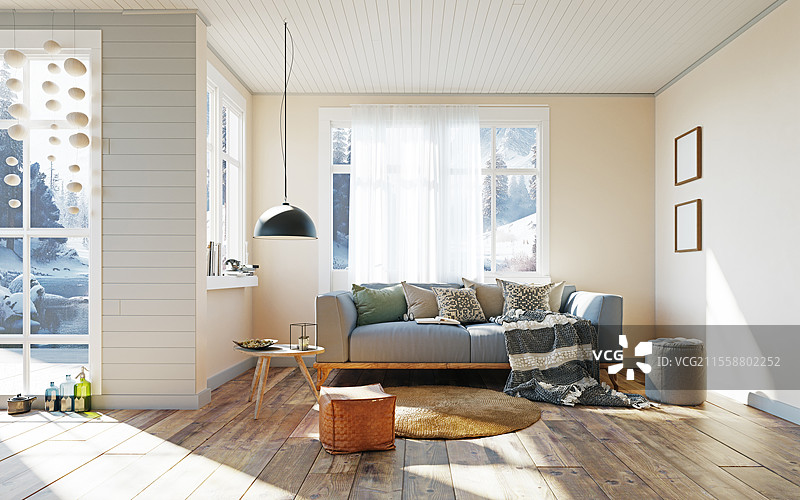 斯堪的纳维亚现代客厅中的舒适沙发。3D渲染。斯堪的纳维亚现代客厅中的舒适沙发。图片素材
