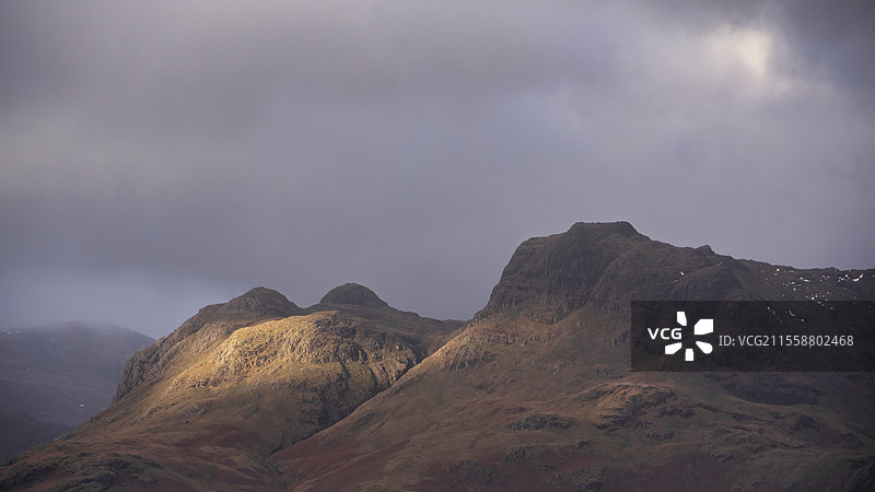 美丽的冬季日出金色时光风景，从洛赫里格山俯瞰乡村，朝向湖区的兰代尔山脊。图片素材