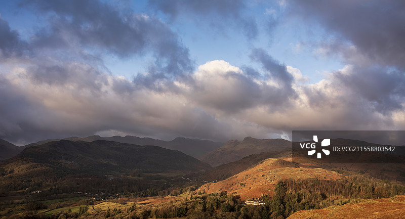 美丽的冬季日出金色时光，从洛赫里格山俯瞰湖区乡村，远望朗代尔山峰。图片素材