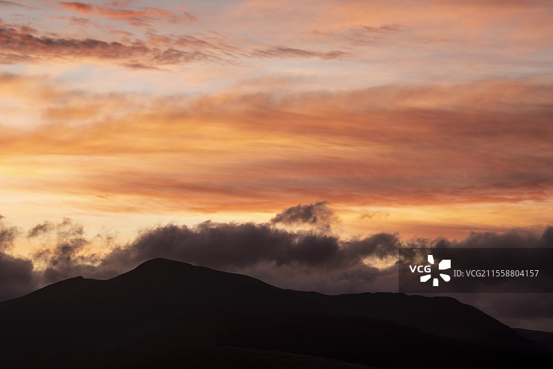 绝美的风景图，展示了冬季湖区拉特里格山上俯瞰德温特湖的景色，绚丽多彩的日落。图片素材