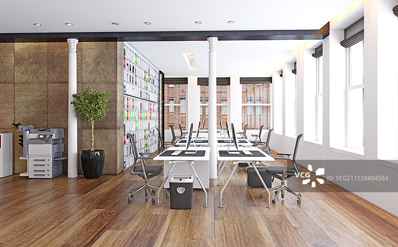 现代阁楼办公室室内。3D渲染设计概念图片素材