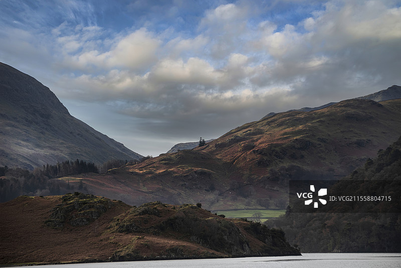 美丽的冬季风景，乌尔斯沃特湖周围的山脉景观，从湖上的船上观赏。图片素材