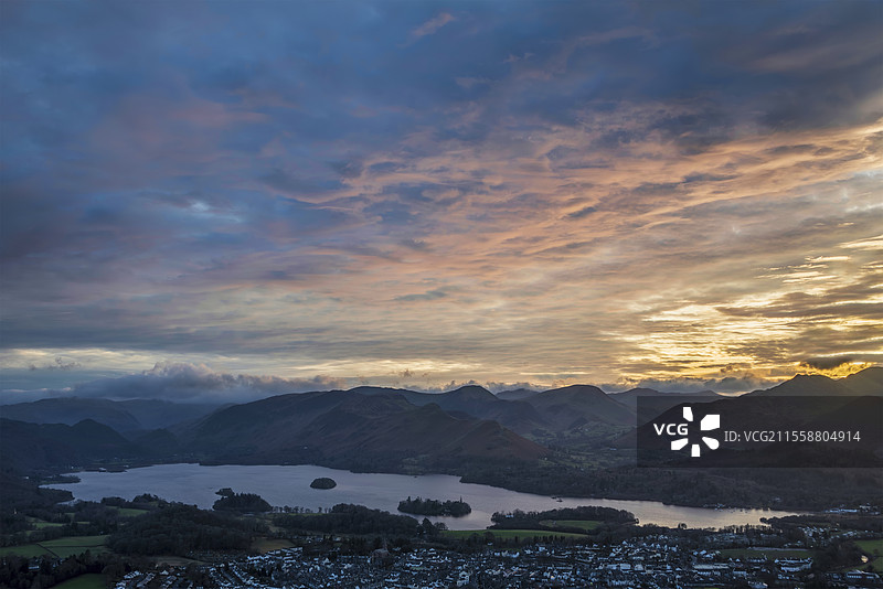 绝美的风景图，展示了冬季时分从拉特里格山俯瞰德温特湖的景色，绚丽多彩的日落。图片素材