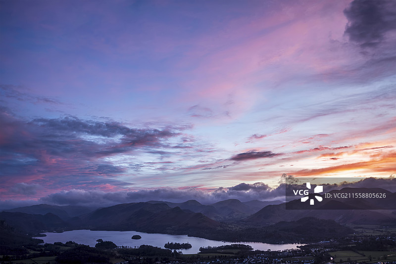 绝美的风景图，展示了冬季湖区拉特里格山上俯瞰德温特湖的景色，绚丽多彩的日落。图片素材