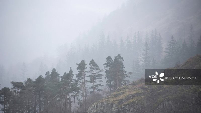 美丽宁静的冬季风景，覆盖在湖区的Thirlmere上，远处可见雾气和层叠的树木。图片素材