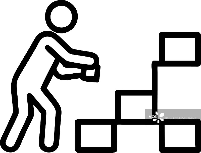 男子在蓝色背景上将木块排列成阶梯。图片素材