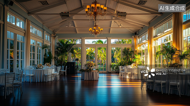 【AI数字艺术】阳光洒满的温室婚礼宴会厅图片素材