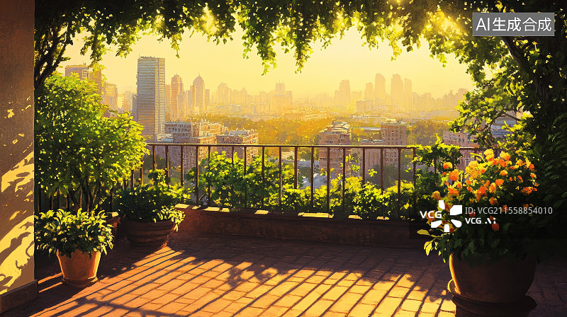 【AI数字艺术】城市里私家花园的露台一角图片素材
