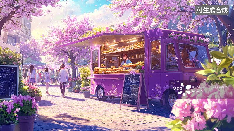 【AI数字艺术】春天景区公园的移动快餐车，小卖部，移动商店图片素材