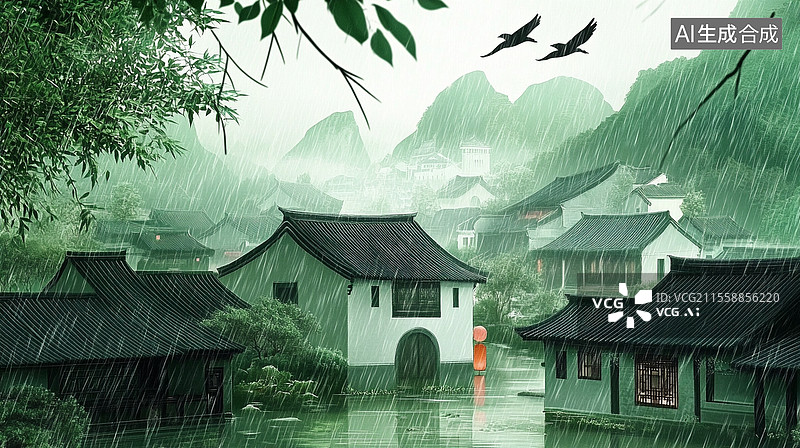 【AI数字艺术】清明时节小雨中的苏式建筑图片素材