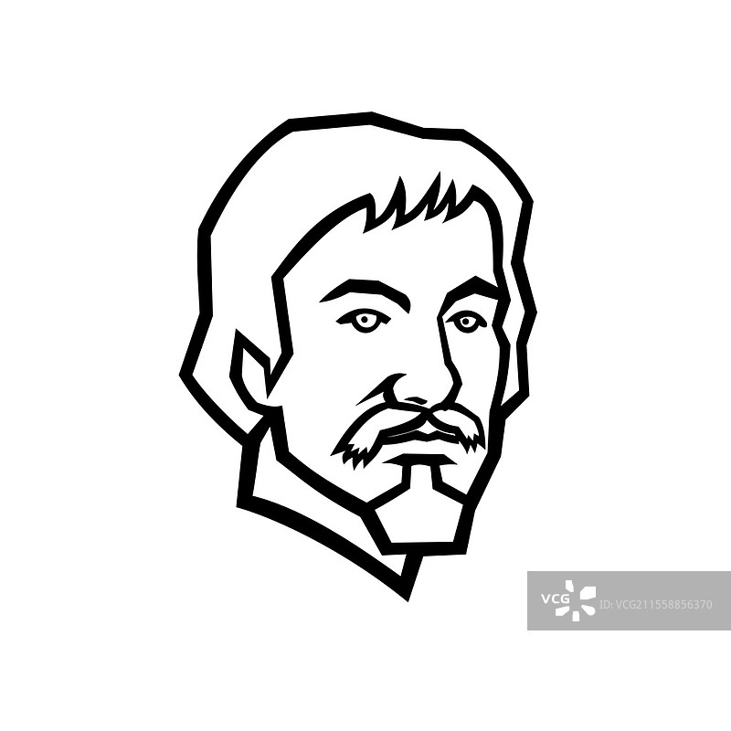 米开朗基罗·梅里西·达·卡拉瓦乔的黑白插图吉祥物，意大利画家，活跃于1590年代至1610年，正面视角，孤立背景，复古风格。卡拉瓦乔意大利画家吉祥物黑白插图。图片素材