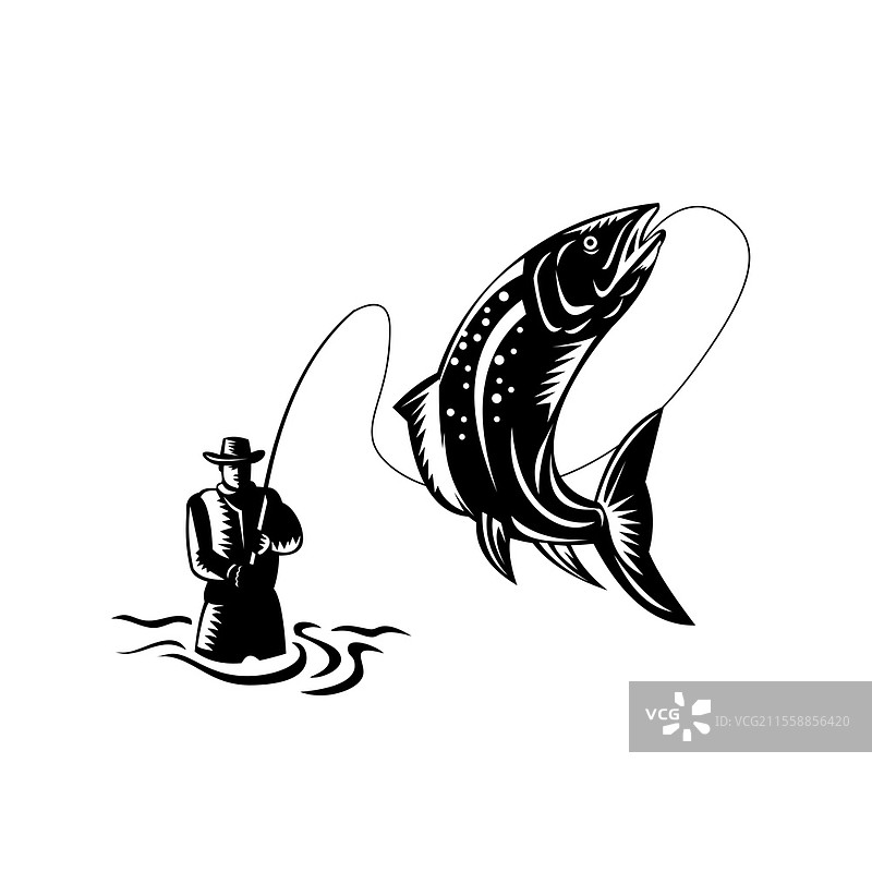 复古木刻风格插图，描绘了一位飞钓者在孤立背景下钓起一条跳跃的斑点鳟鱼，采用黑白色调。图片素材