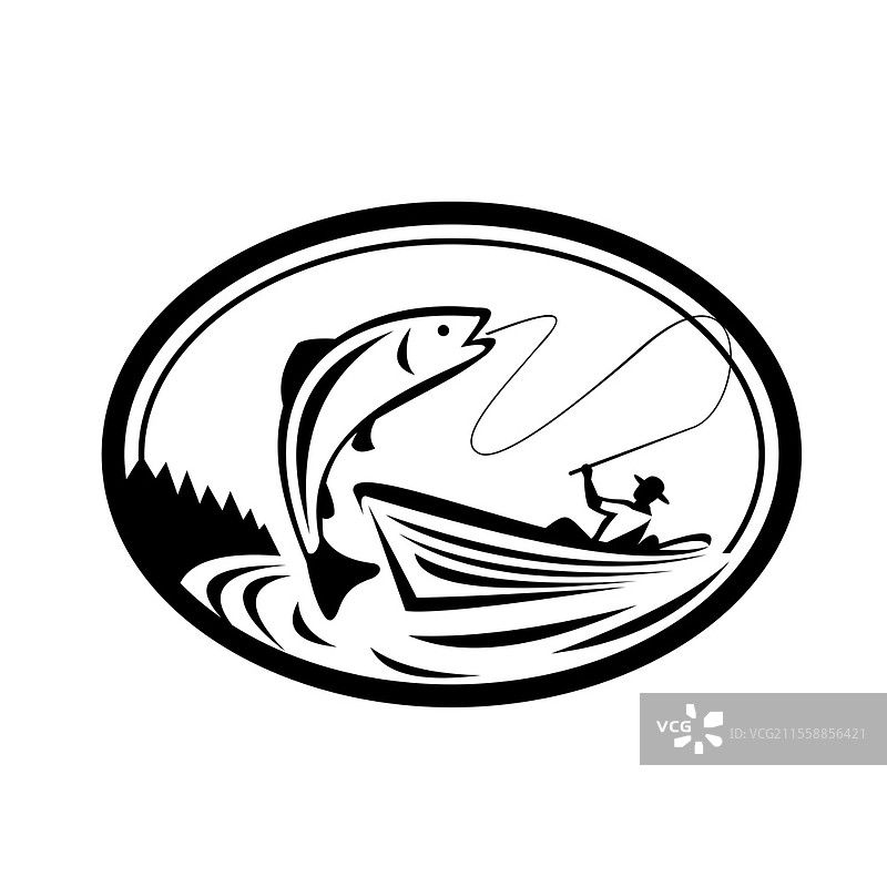 复古风格的黑白插图，描绘了一位在船上钓鱼的飞钓者正在收线一条鳟鱼，整体呈椭圆形。图片素材