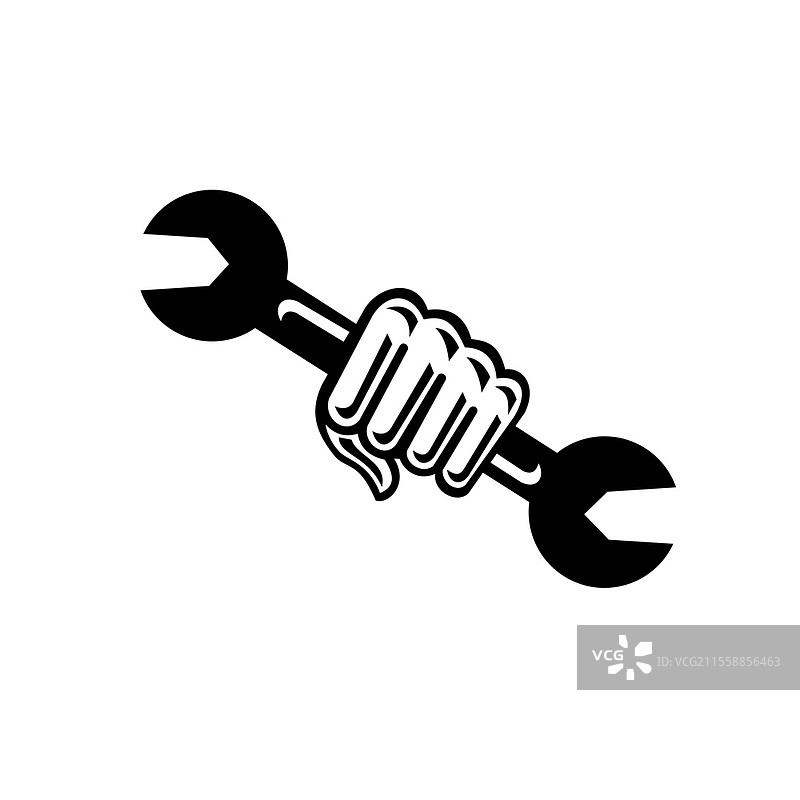 黑白插图，机械师的手握着扳手，从正面冲出，背景为孤立的复古风格。机械师手握扳手，正面黑白。图片素材