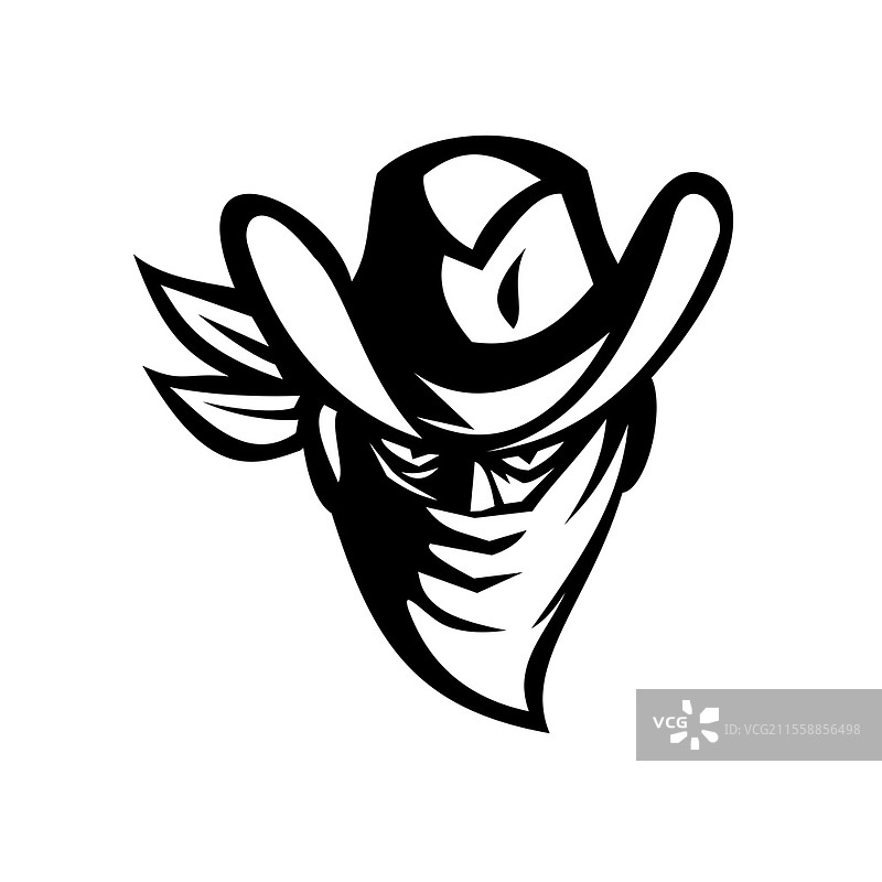 黑白复古风格的插图，描绘了一位面罩或头巾遮住脸部的牛仔亡命徒或强盗，正面视角，背景为纯色。图片素材