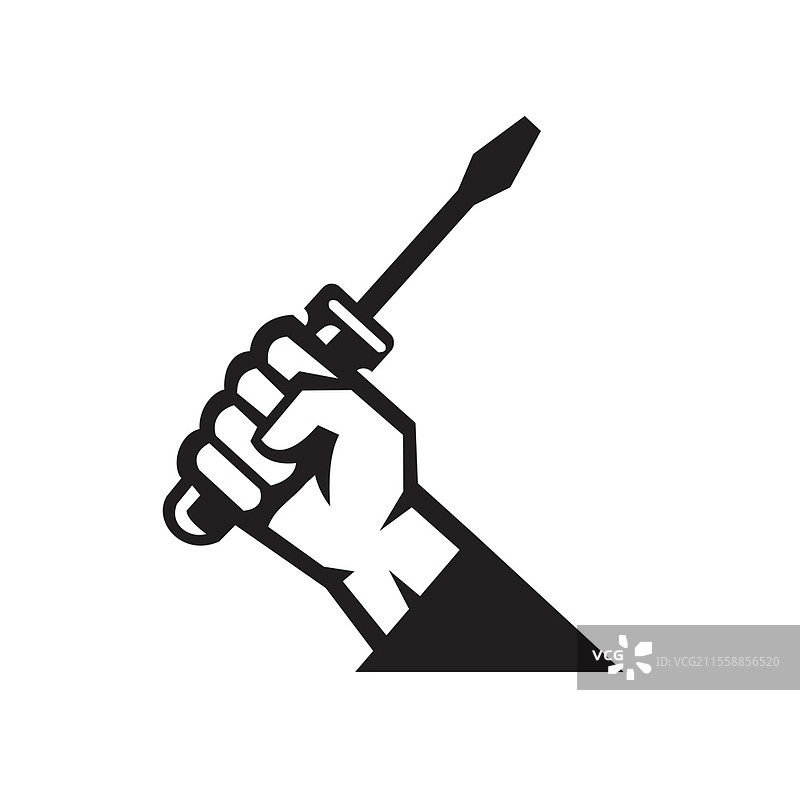 黑白风格的美国修理工、电工或杂工侧面手持螺丝刀的图标插图，背景为纯白色，复古风格。修理工手持螺丝刀复古图标黑白色。图片素材