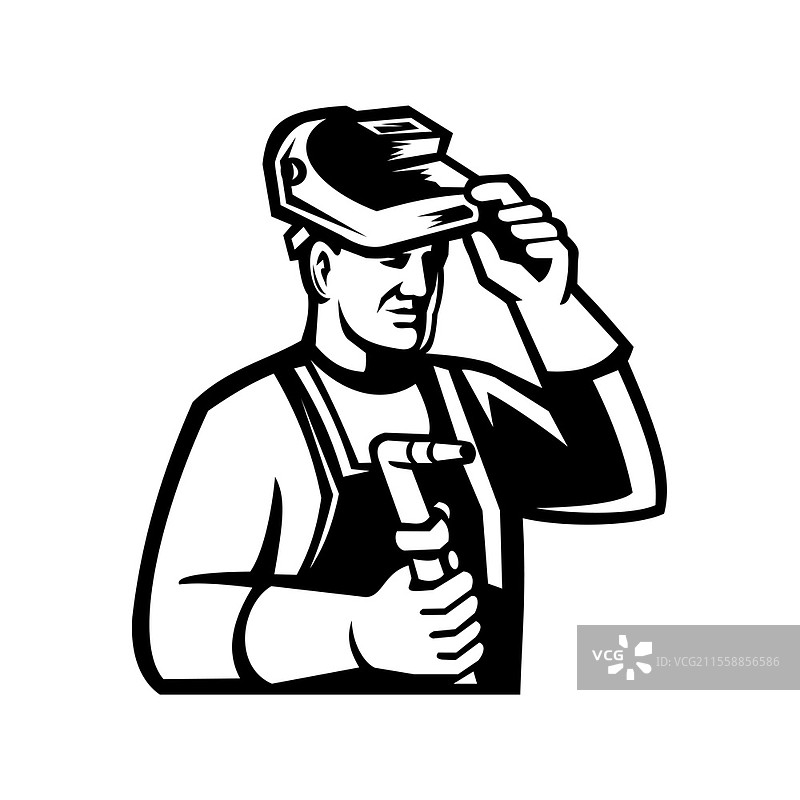 焊工抬起面罩并握着焊枪的侧面图标插图，背景为复古黑白风格。焊工举着焊枪抬起面罩黑白图标。图片素材