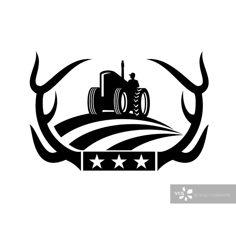 复古风格插图，白尾鹿角框住一辆农用拖拉机，背景为孤立的美国星条旗。鹿角与复古农用拖拉机在美国国旗的黑白复古风格中。图片素材