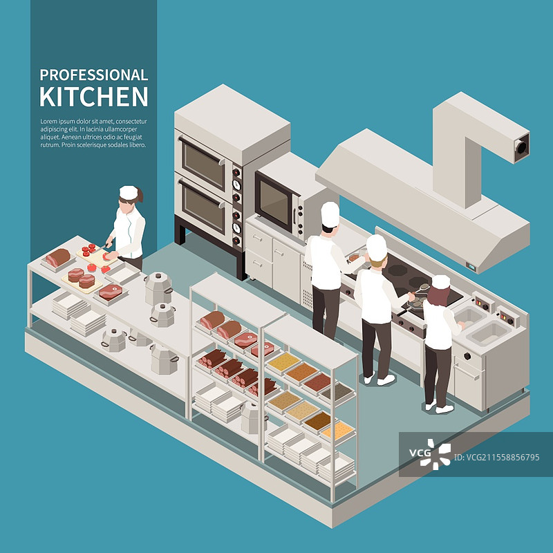 专业厨房设备的等距构图，厨师们使用油炸锅准备食物，切割食材的矢量插图图片素材