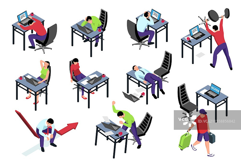 疲惫的办公室工作人员遭受职业倦怠的等距图标集，3D独立矢量插图图片素材