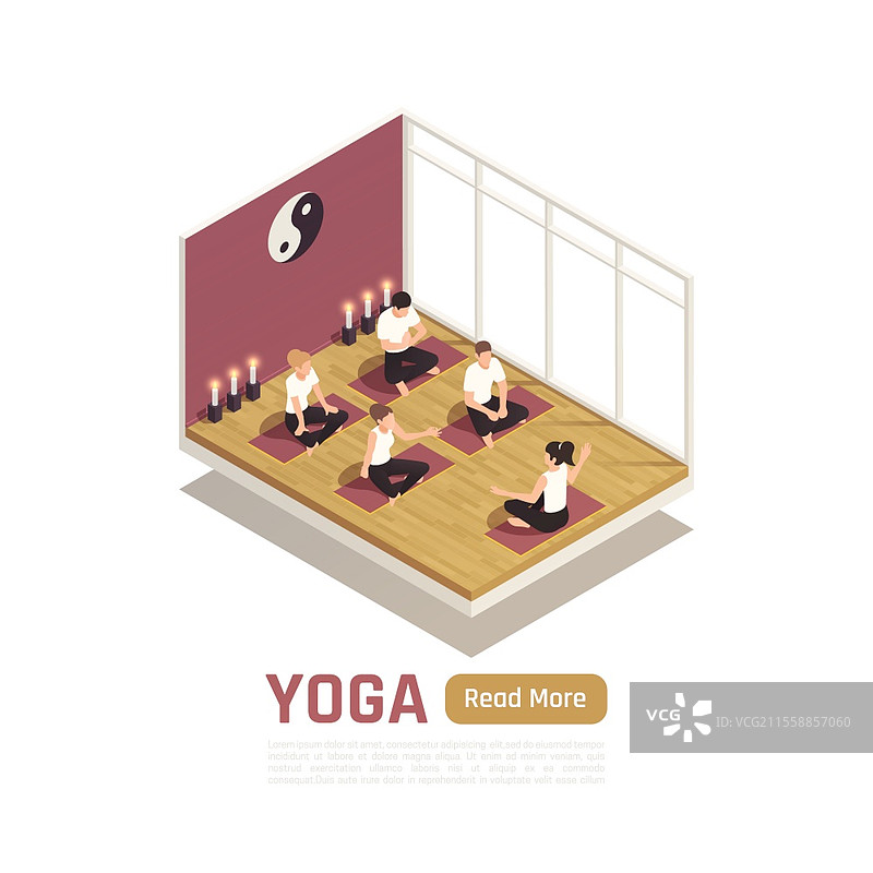个人成长之路：通过瑜伽冥想自我提升的等距构图，莲花坐姿课程矢量插图图片素材