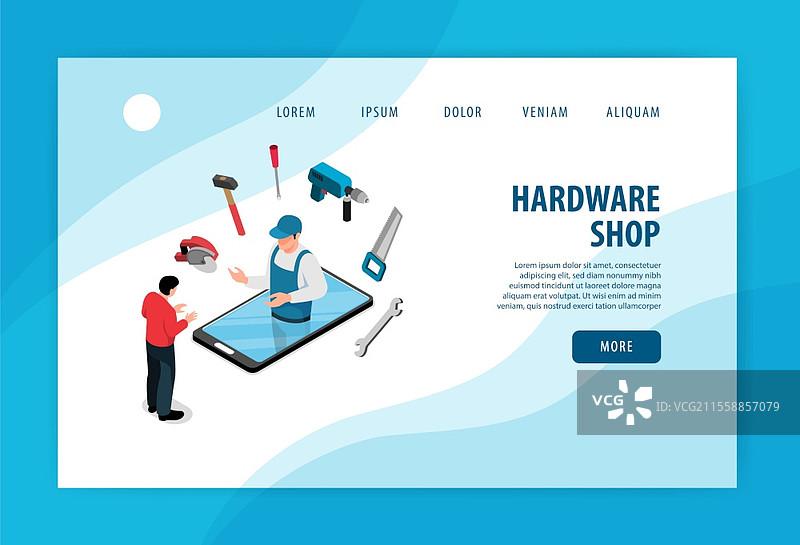 男性在在线五金商店购买工具的3D等距横幅矢量插图图片素材