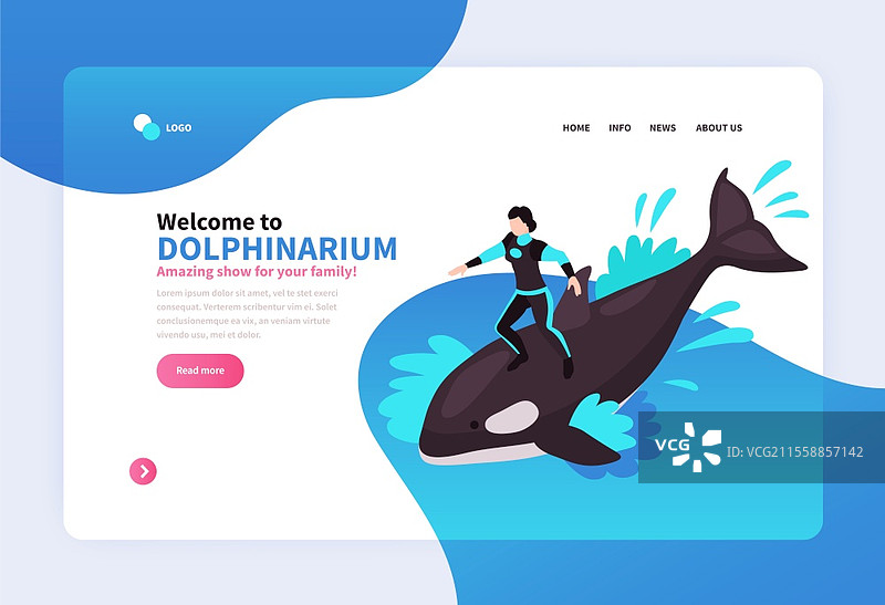 欢迎来到海豚馆的登陆页面，女性动物训练师骑在虎鲸上，等距矢量插图图片素材