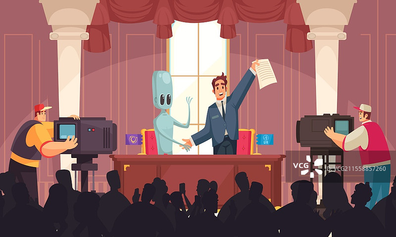 外星人飞碟和平主题的室内新闻发布会场景，快乐的人们手持文件与类人形生物的矢量插图图片素材