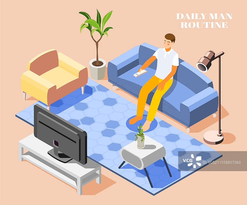 家庭沙发上看电视的男人日常生活背景3D矢量插图图片素材