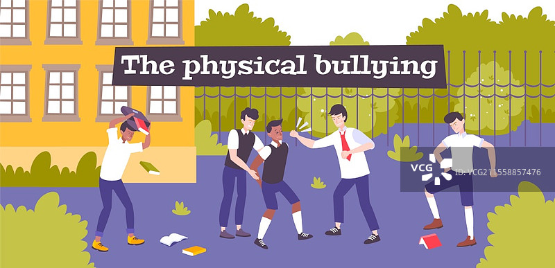 校园后院场景中的身体欺凌扁平构图，暴力儿童群体殴打同伴的矢量插图图片素材