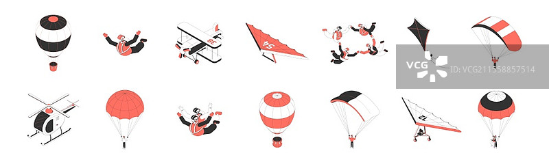 航空旅游等距图标集，包含进行跳伞、滑翔、飞行的人员，3D独立矢量插图图片素材