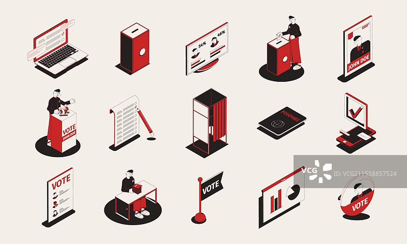 选举图标集，包含投票符号、选票、投票箱和广告的等距图像插图图片素材