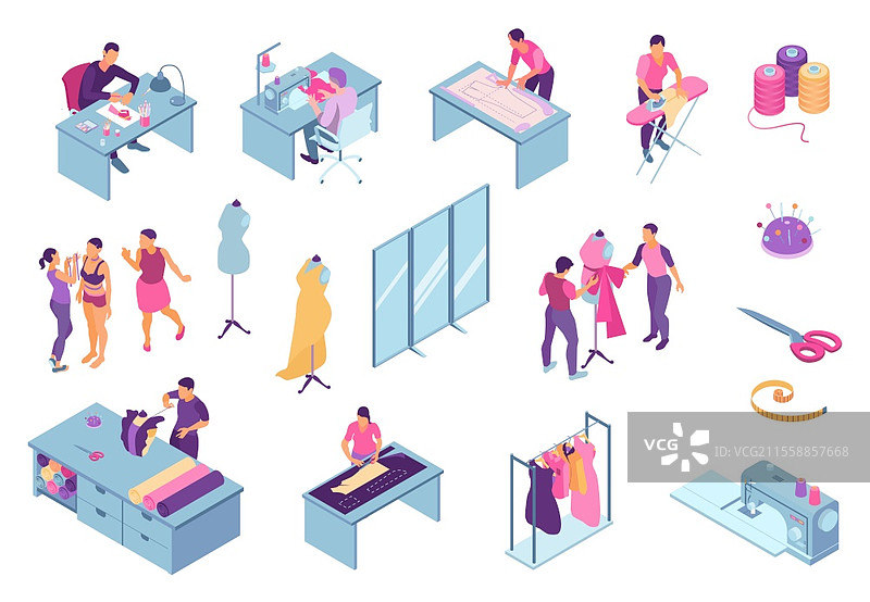 缝纫工作室设备车间等距图集，包含图案设计、面料裁剪、服装组装、熨烫和试衣的矢量插图图片素材