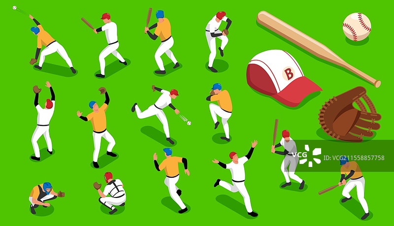 带有棒球队和运动服的等距图标集，孤立在绿色背景上的3D矢量插图图片素材
