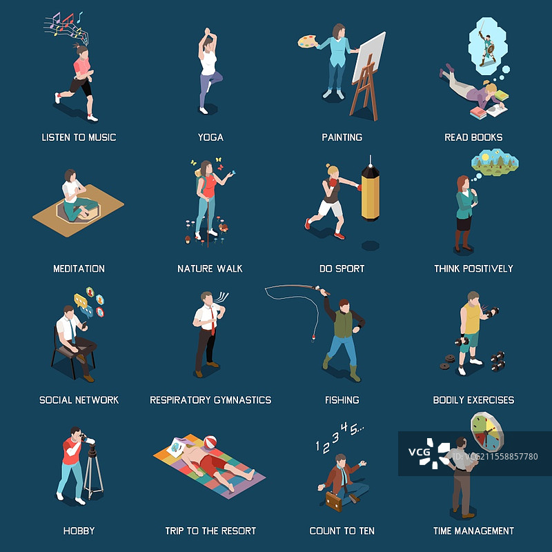 压力管理图标集，包含瑜伽和绘画符号的等距孤立矢量插图图片素材