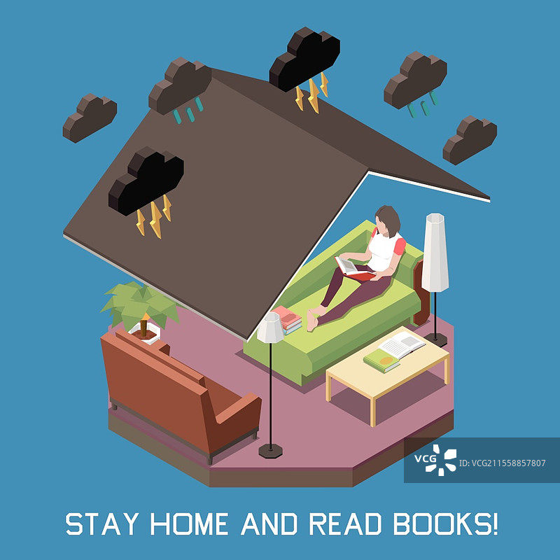 居家阅读书籍的概念，室内等距矢量插图图片素材
