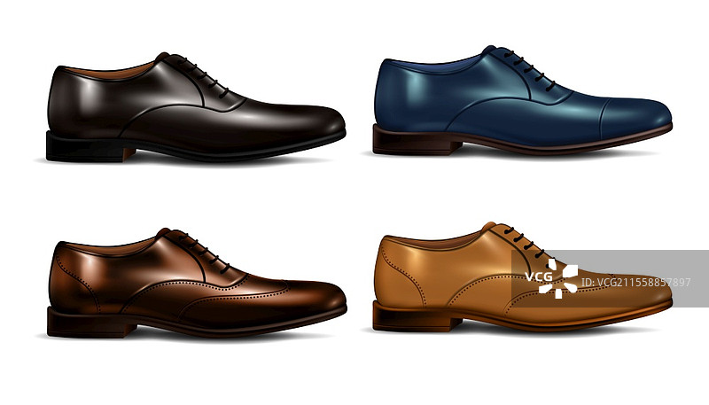 四种不同颜色的男士鞋子图标集，逼真的靴子矢量插图图片素材