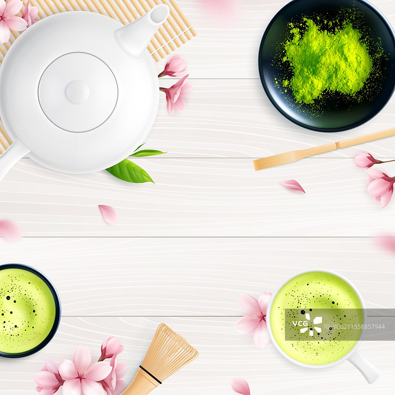 抹茶茶具的框架构图，配有紫色花瓣和杯子的真实茶具图像插图图片素材