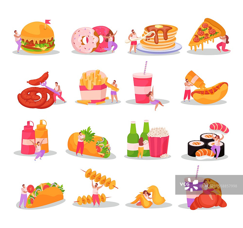扁平设计图标集，包含超重人士和各种快餐，背景为白色，矢量插图图片素材
