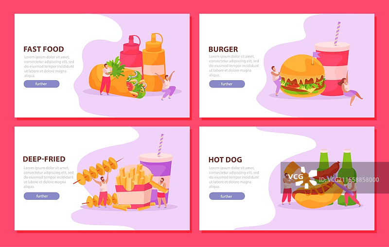 四个扁平的横幅，展示快餐饮料和人类角色，背景为粉色，矢量插图图片素材