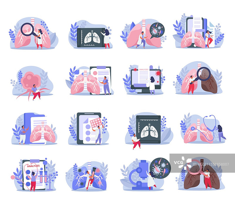 医疗设备平面图标集，用于肺部检查和医生的孤立矢量插图图片素材