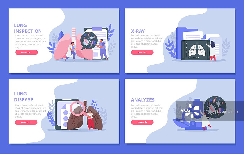 肺部检查和分析过程的平面横幅集，孤立的矢量插图图片素材
